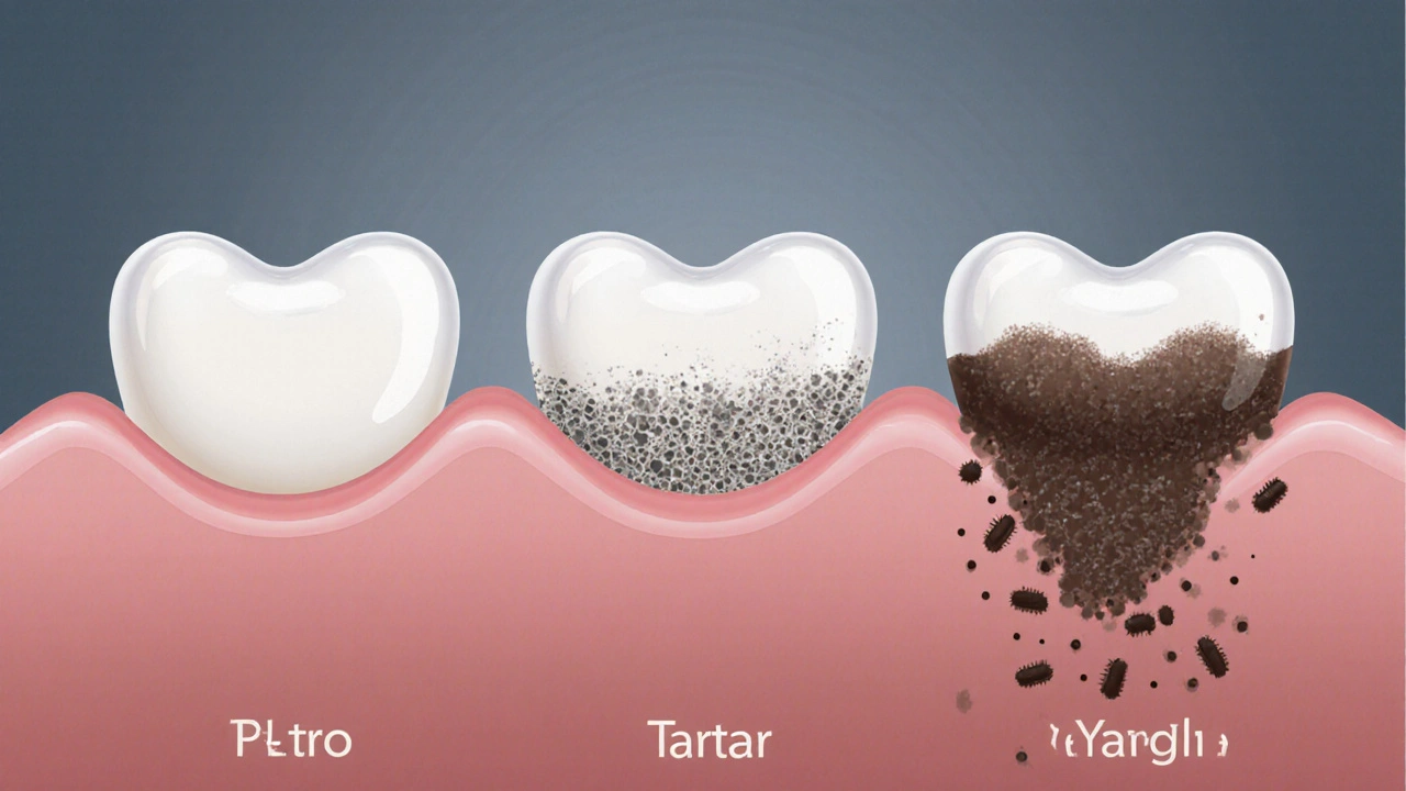 Postupný vývoj plaku na zubech do tvrdého zubního kamene.