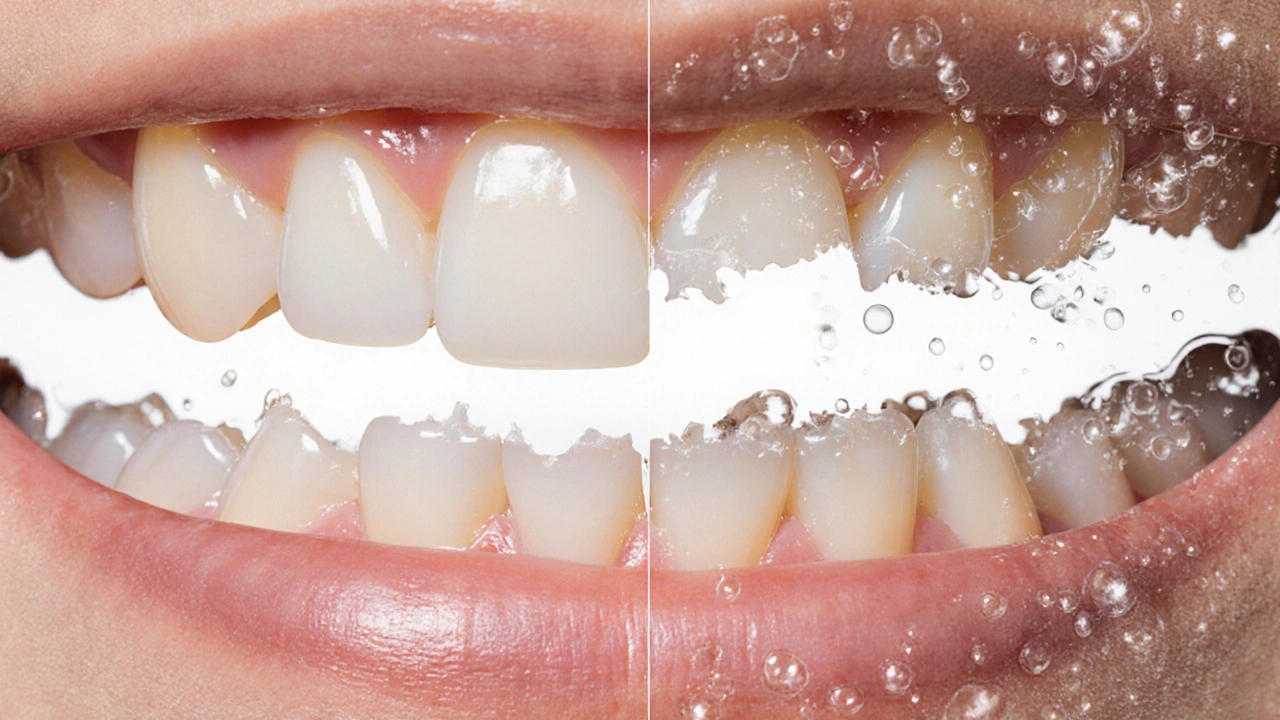 Přechod zdravého zubu na poškozený s výraznou bílou skvrnou.