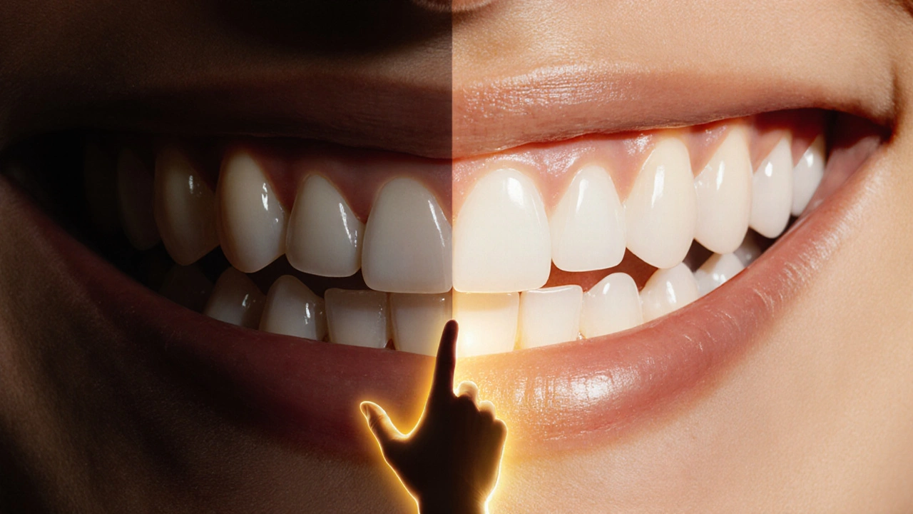 Před a po: špatné zuby se mění na dokonalé s pomocí keramických fazet v konceptuální ilustraci.