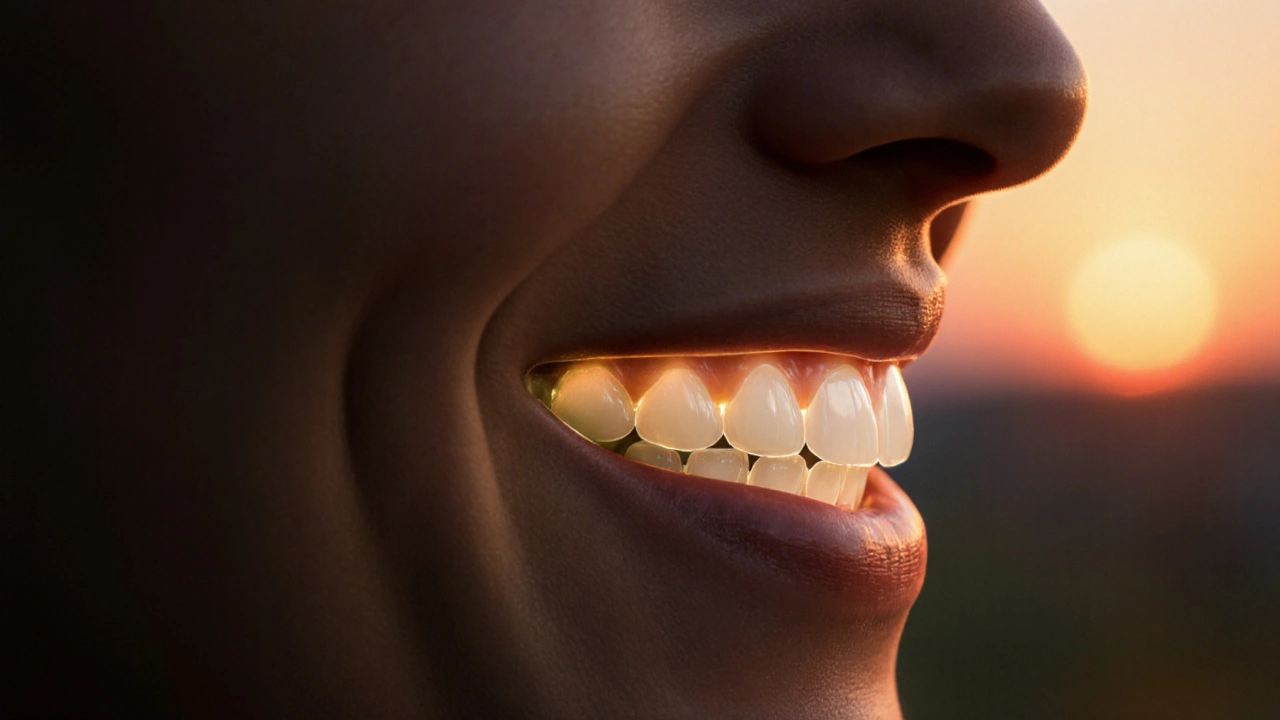 Profil obličeje s přirozeně integrovanou zubní protézou, symbolizující pohodlí a identitu.