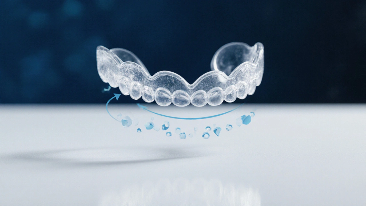 Průhledná rovnátka nad povrchem s ilustrací pohybu zubů.