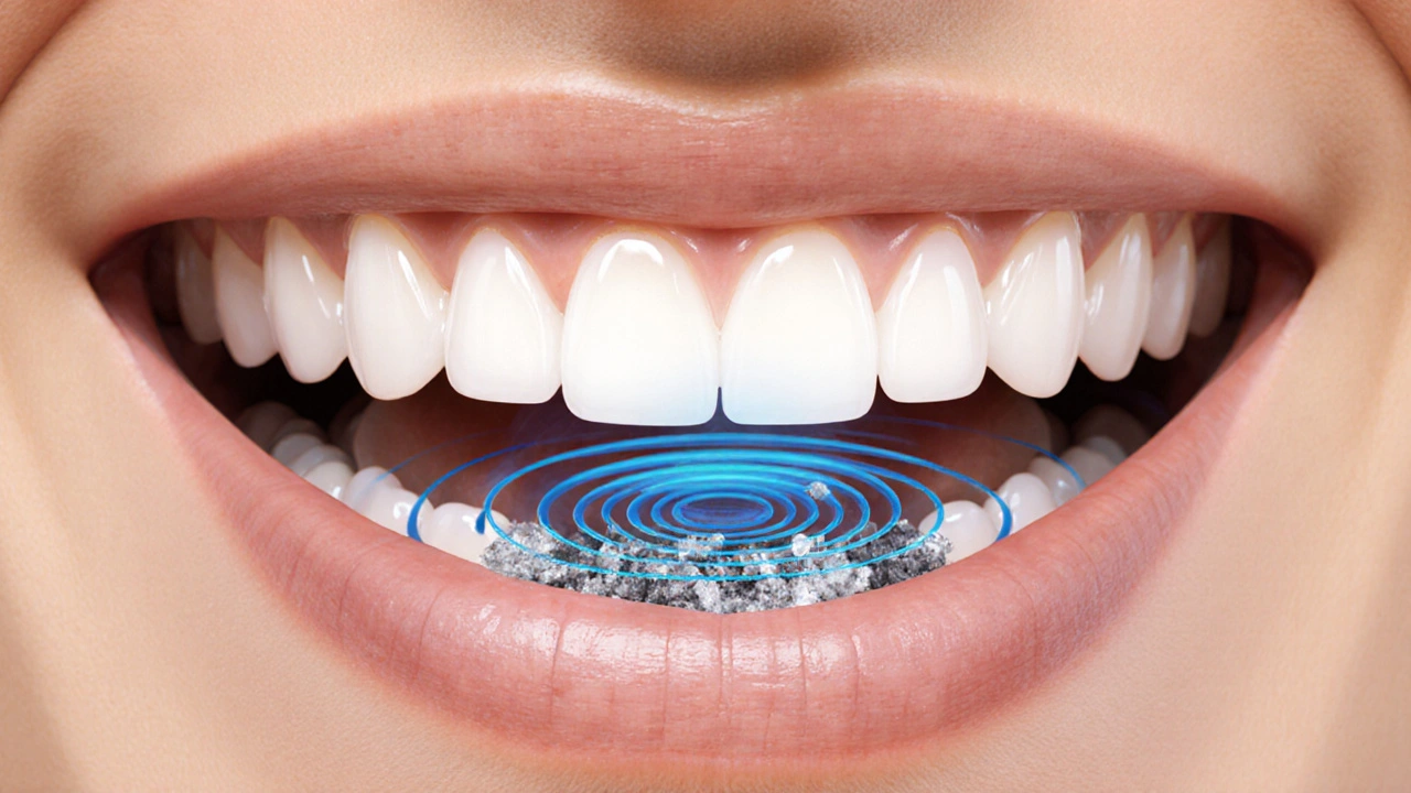 Průřez úst s ultrazvukovými vlnami rozpadajícími zubní kámen pod dásněmi.