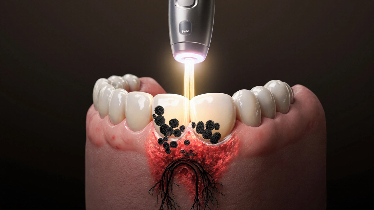 Průřez ústní dutinou s bakteriemi a ultrazvukovým čističem