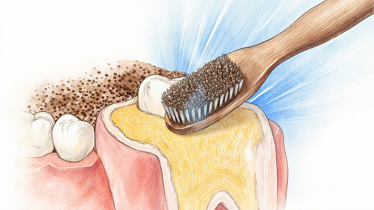 Průřez zubem s povrchovými skvrnami a žlutým dentinem, abrazivní čištění jen na povrchu.