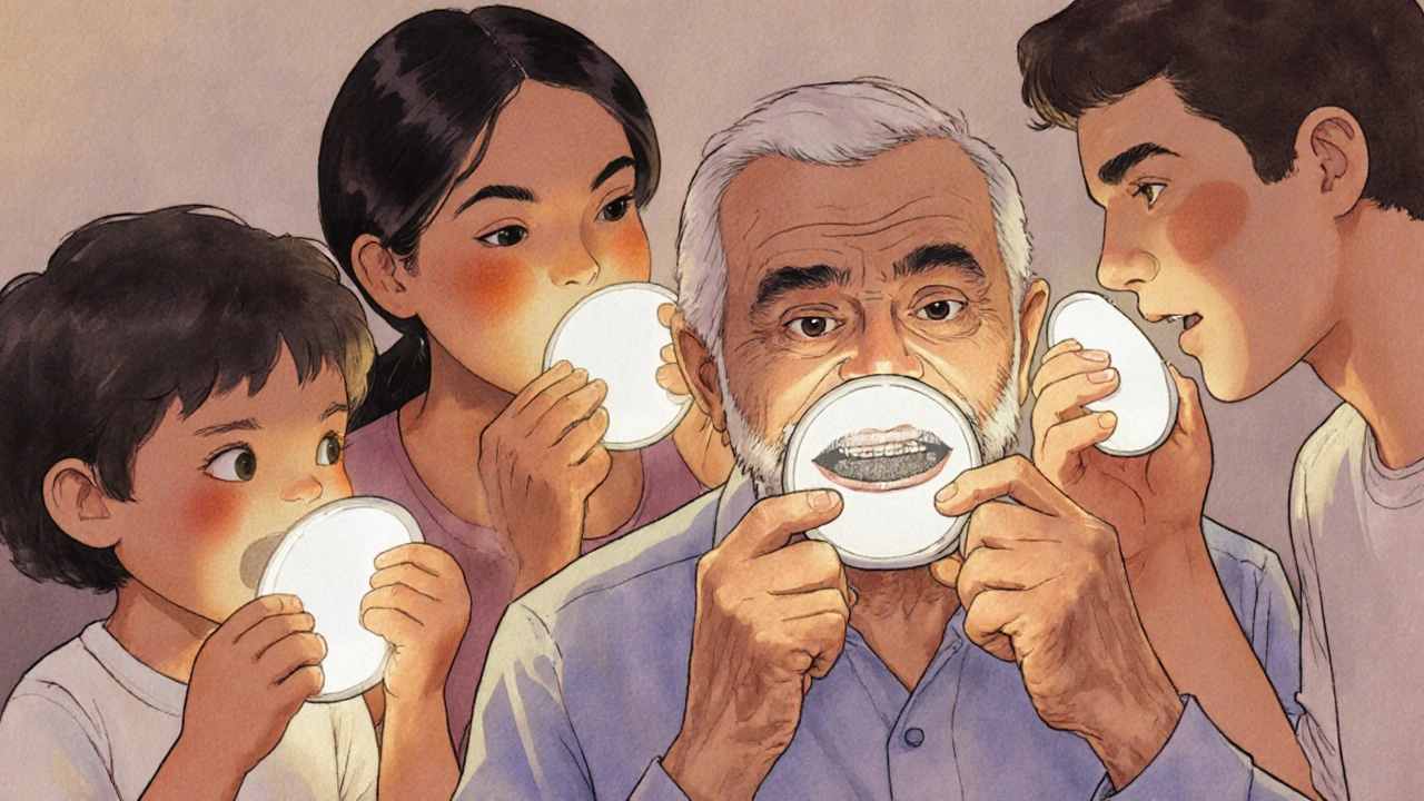 Rodina používá dentální zrcátka k domácí prohlídce úst, včetně dětí a dospělých.