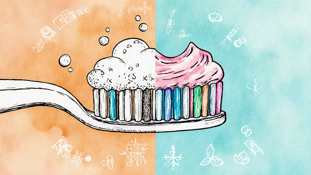 Rozdělený obraz zubní pasty: škodlivé složky na jedné straně, bezpečné alternativy na druhé.