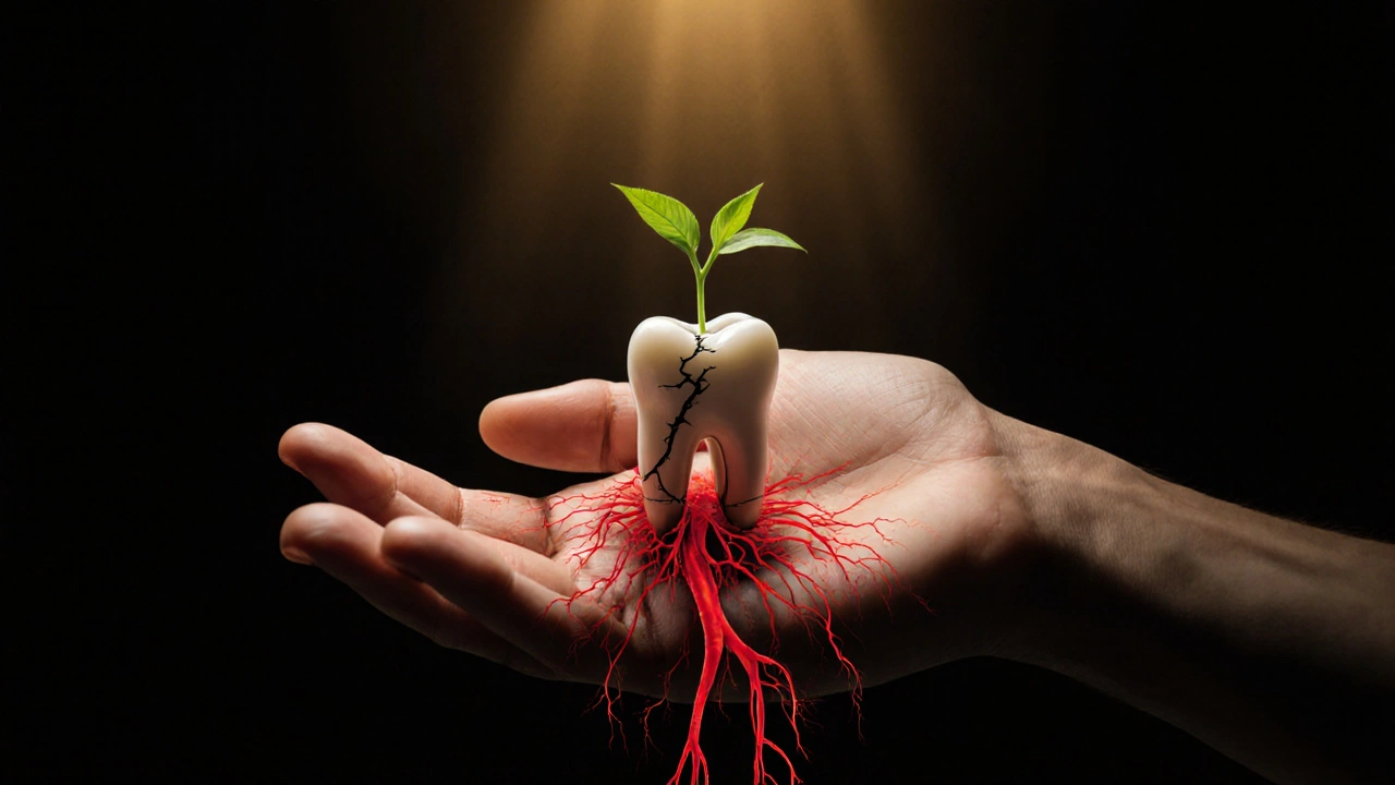 Ruka drží rostlinu rostoucí z dásně, kořeny se rozšiřují jako cévy do těla.