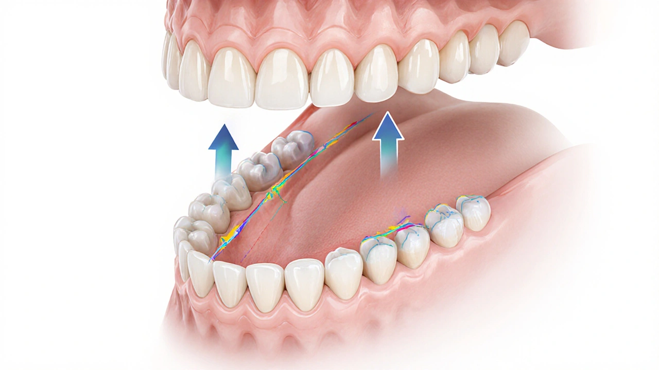 Schéma síly gumiček při přesouvání zubů a remodelaci kosti.