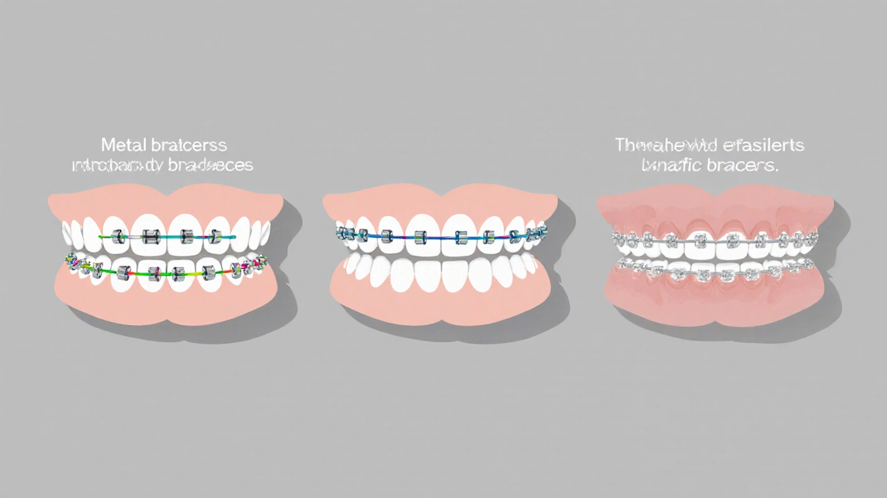 Three types of dental braces displayed side by side