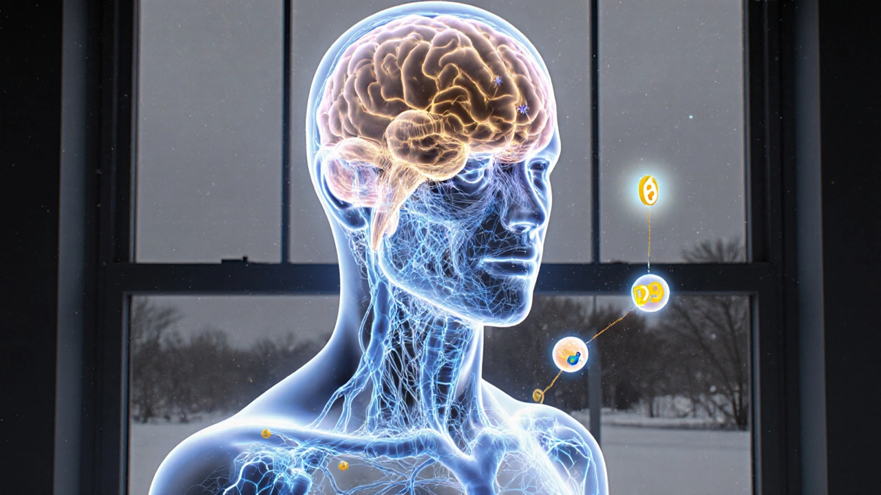 Vnitřní zobrazení nervového systému s osvětlenými nervy a vitamíny jako světelnými koulemi.