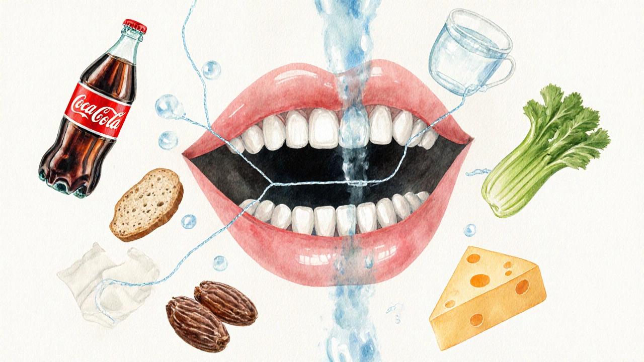 Vodová malba zubů s kazem a symbolickými potravinami, voda ještě myje