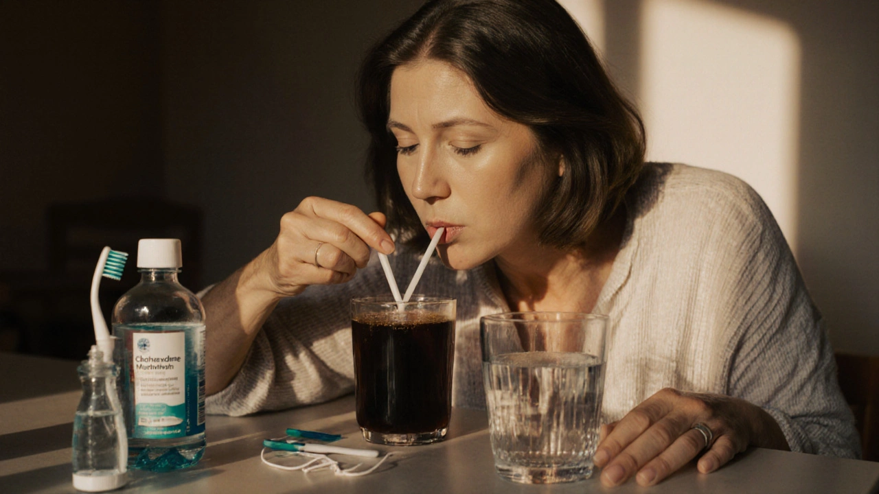 Žena pije černý čaj přes slámečku s zubním kartáčkem na pozadí