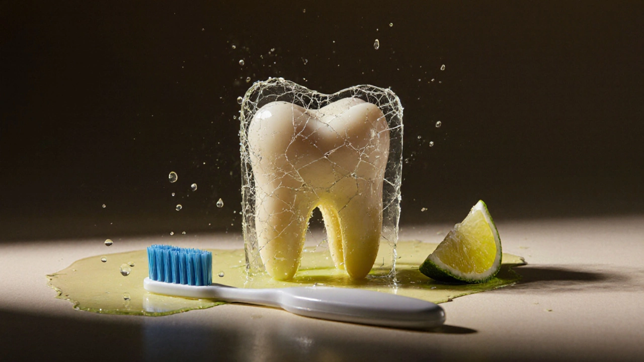 Zub s roztávající se skleněnou ochranou a kapek citronové šťávy.