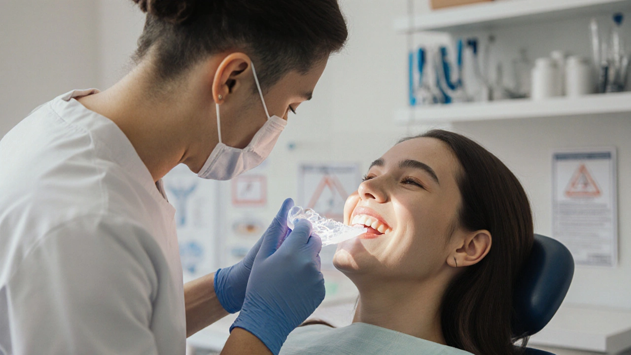 Zubař přizpůsobuje pacientovi bezpečnou šablonu pro bělení zubů v klinice.