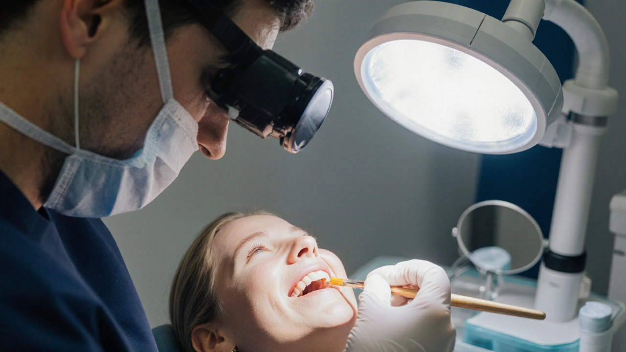 Zubní lékař aplikuje sealant na zub s použitím zvětšovací čočky v klinice.