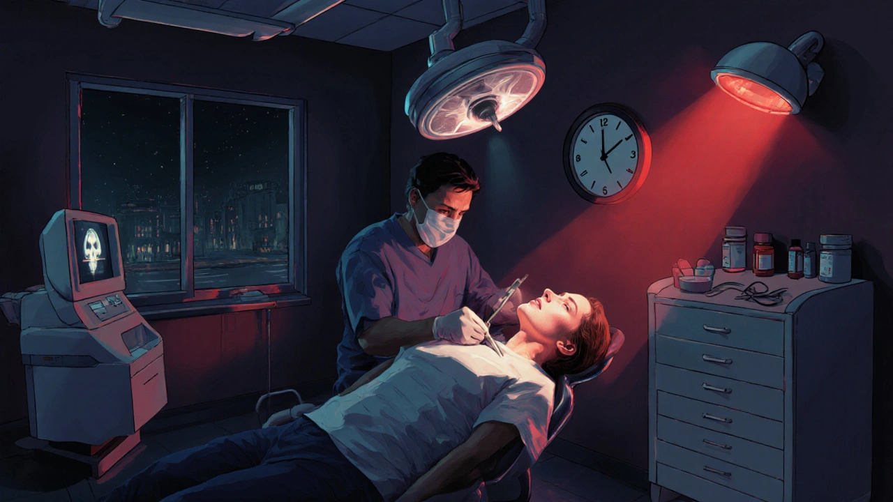 Zubní lékař provádí nouzové ošetření pacienta s otokem tváře v pohotovostní ordinaci.