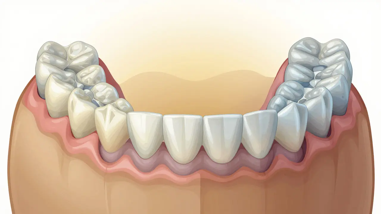 Čelist s resorpcí kosti pod protézou, která se neodpovídá.
