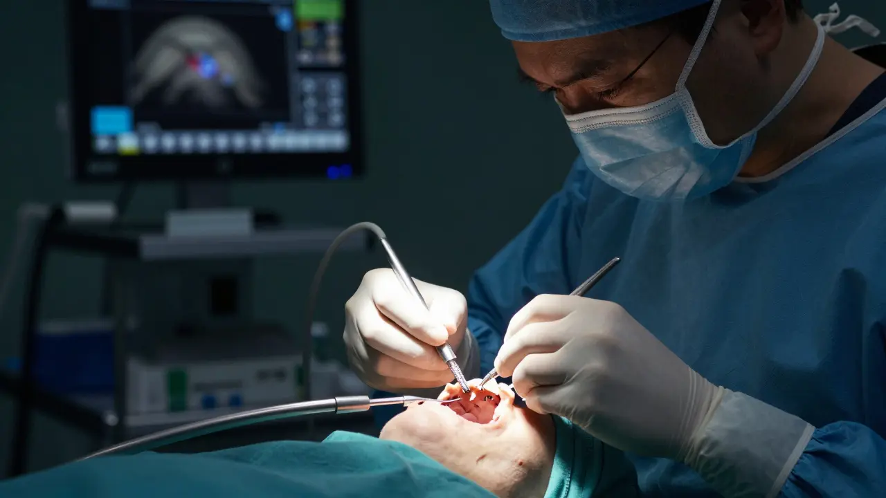 Chirurg provádí vnitřní řez čelisti s použitím mikrodesek a šroubků.
