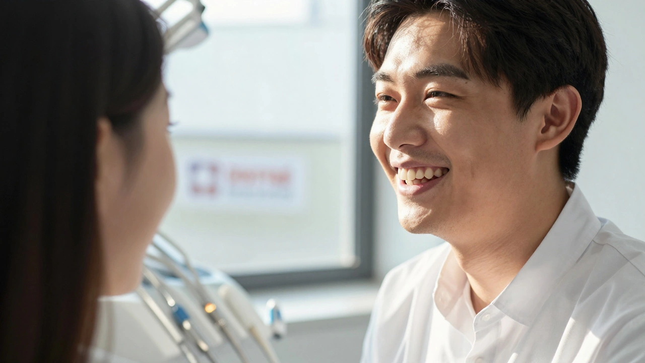 Člověk se směje s čistými zuby, projevující zdraví a sebevědomí.