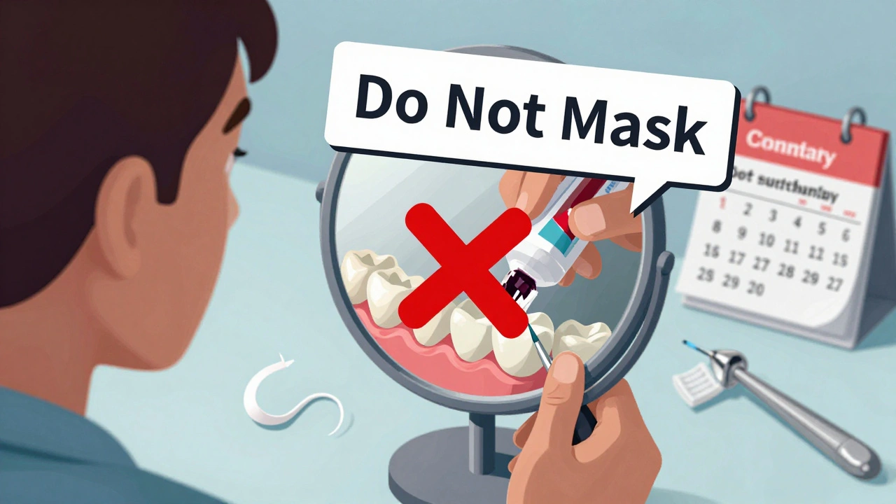 Člověk se snaží zakrýt kaz na zubu tmavou pastou, přičemž nad ním je červené zakázané znamení