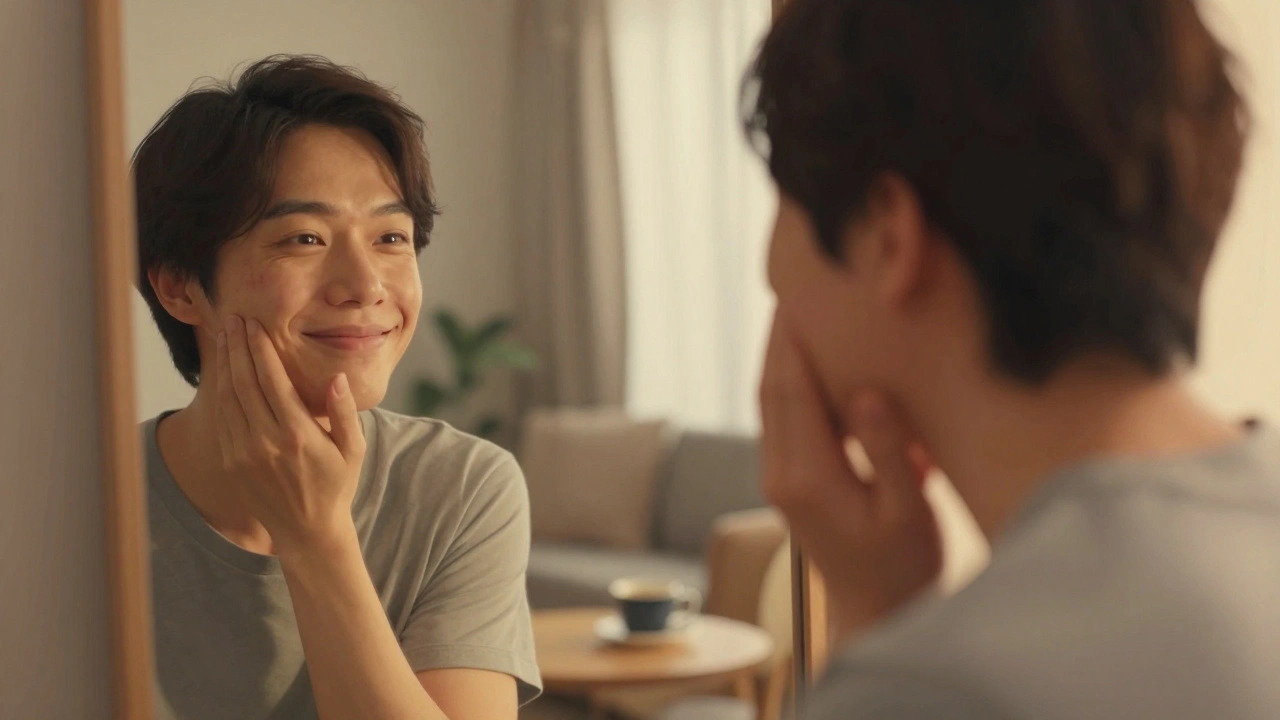 Člověk se v zrcadle usmívá poprvé po maxilofaciální operaci, jemné stíny otoků ještě viditelné.