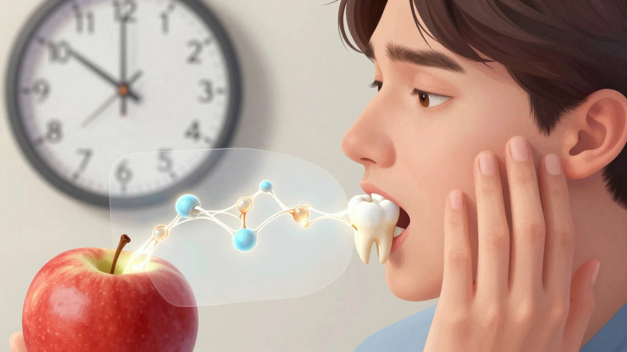 Člověk se zadržuje před kousnutím do jablka, zatímco uvnitř zubu probíhá polymerizace kompozitu.