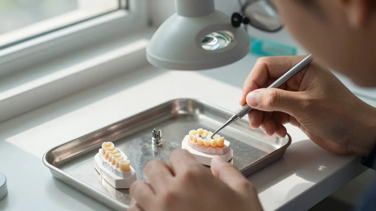 Dental technician crafting a custom composite inlay in a laboratory under magnifying light.