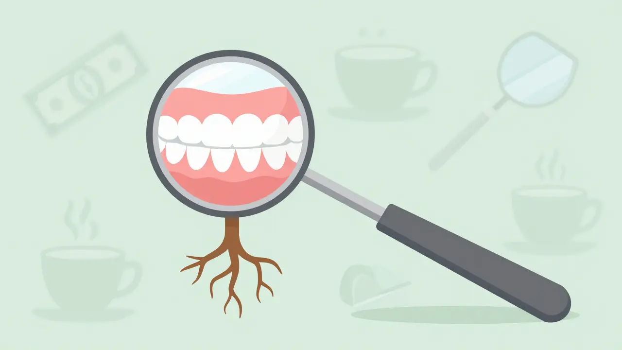 Dentální zrcátko jako symbol prevence zubních problémů s převráceným držadlem jako kořenem.