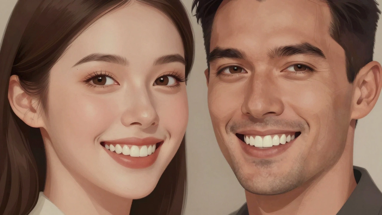 Dvě strany obličeje s jemně odlišnými tvary keramických fazet podle pohlaví.