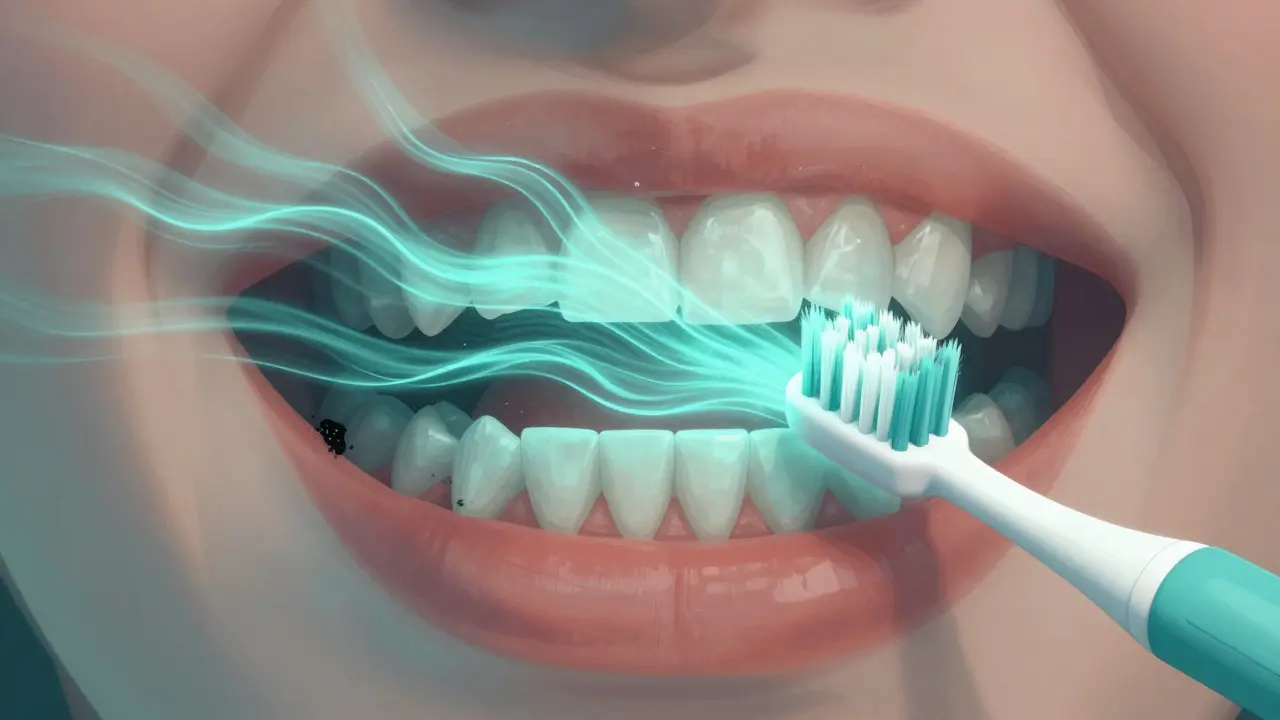 Hydrodynamické vlny od sonického kartáčku odstraňují plak mezi zuby a pod dásněmi, zatímco zuby zůstávají zdravé a čisté.