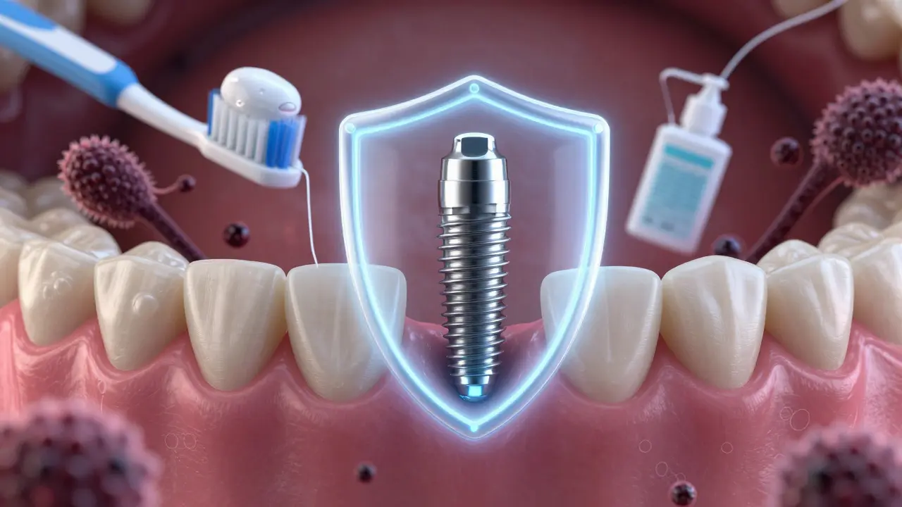 Implantát s ochranným štítem symbolizujícím správnou hygienu.