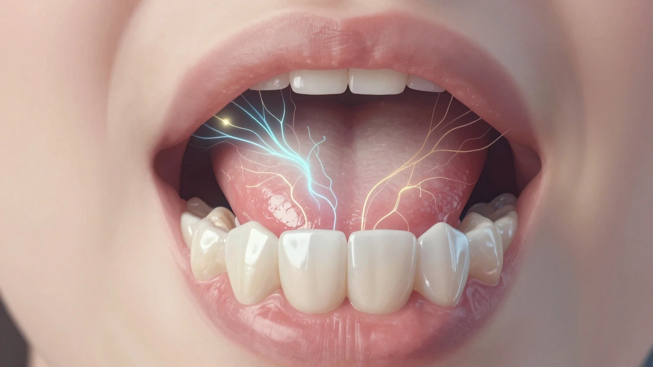 Jazyk překonává nový povrch zubů, s grafickými značkami nervové přizpůsobivosti.