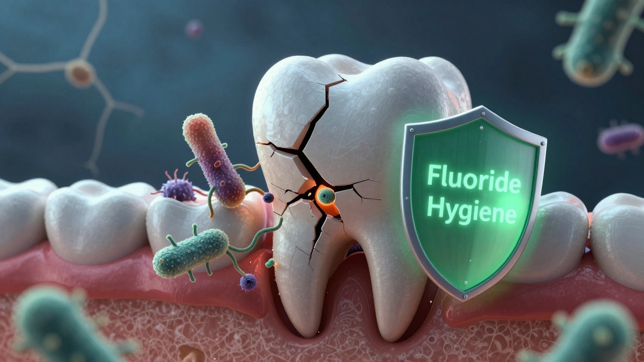Kaz na zubu jako rozpadající se struktura s bakteriemi a ochranným štítem fluoru
