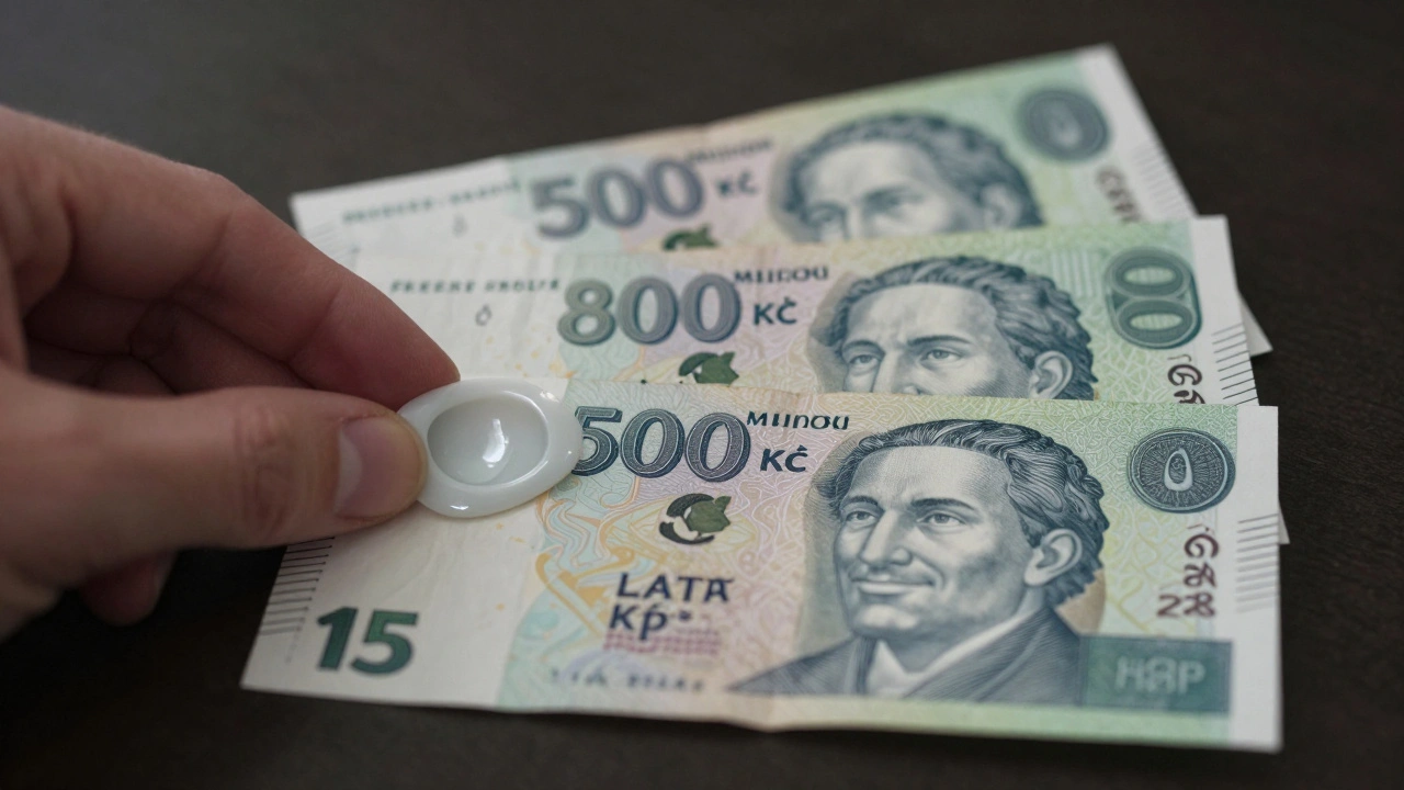 Keramická obložka zubu vedle českých korun v cenových úrovních 3 500, 8 000 a 15 000 Kč.