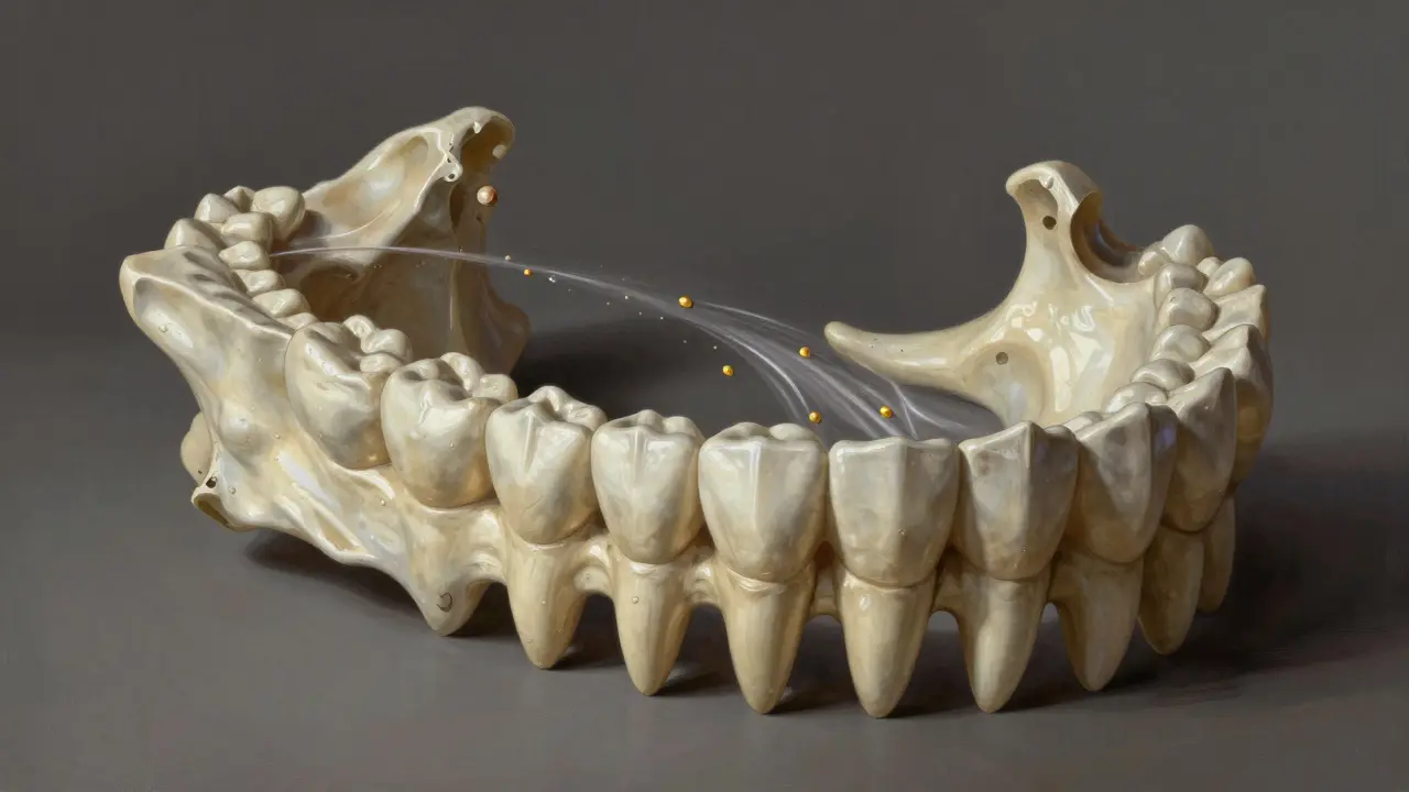 Konceptuální obraz čelisti jako mostu, kde každý typ zubu představuje architektonický prvek.