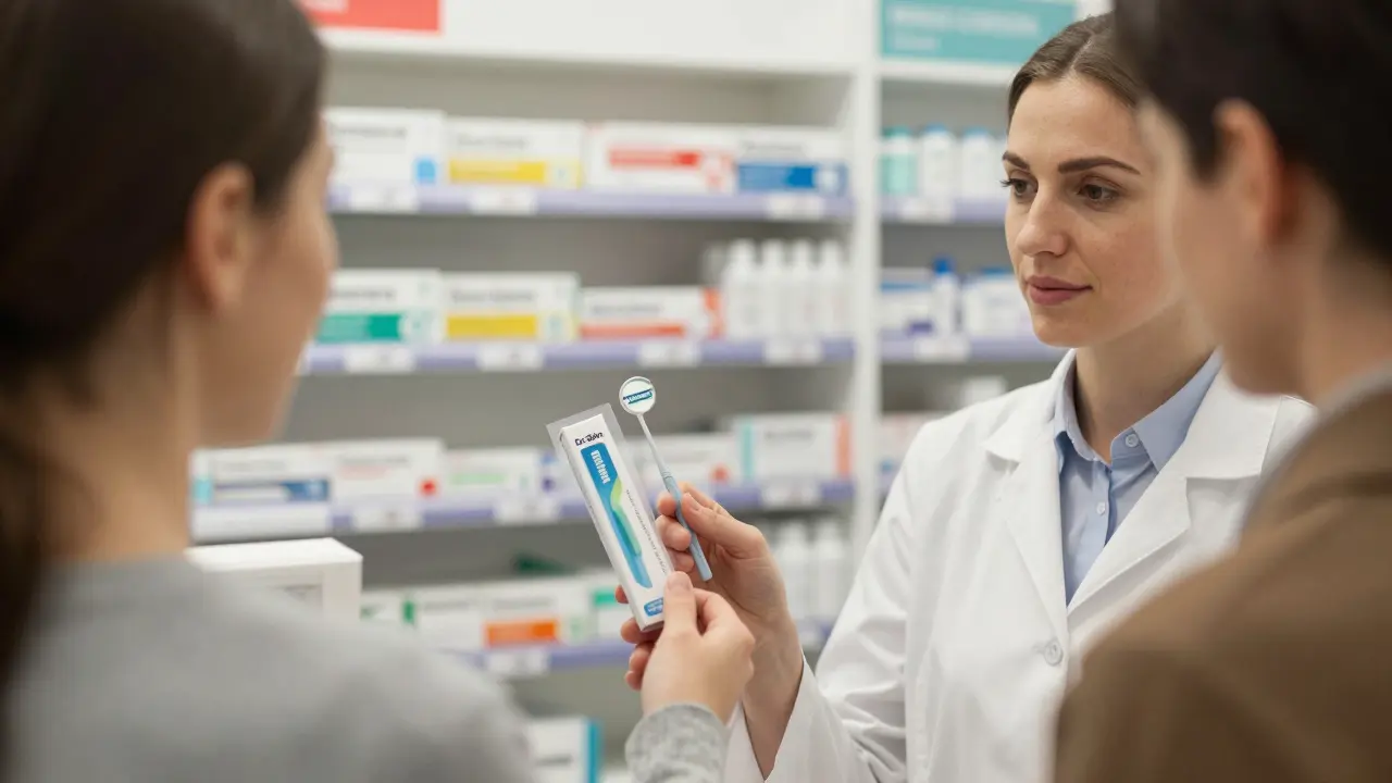 Lékárník předává zákazníkovi balíček dentálního zrcátka v české lékárně.