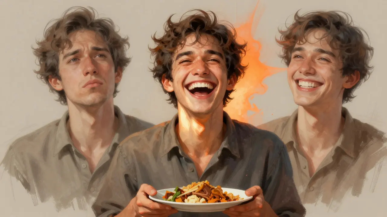 Muž se směje po operaci, drží jídlo, za ním dvojité zobrazení jeho dřívějšího a nového obličeje.