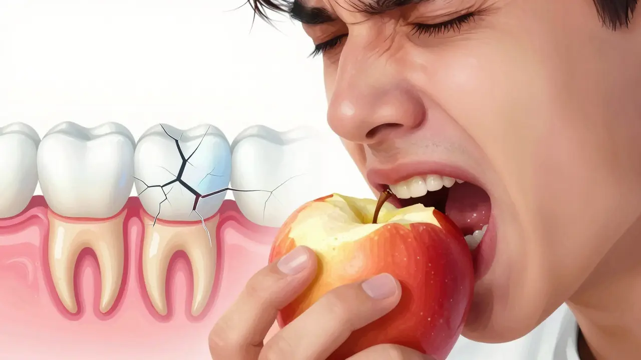 Osoba cítí bolest při kousnutí jablka, s náznakem praskliny uvnitř zubu.