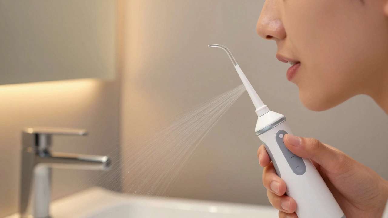 Osoba používá vodní proud pro čištění mezizubních prostor