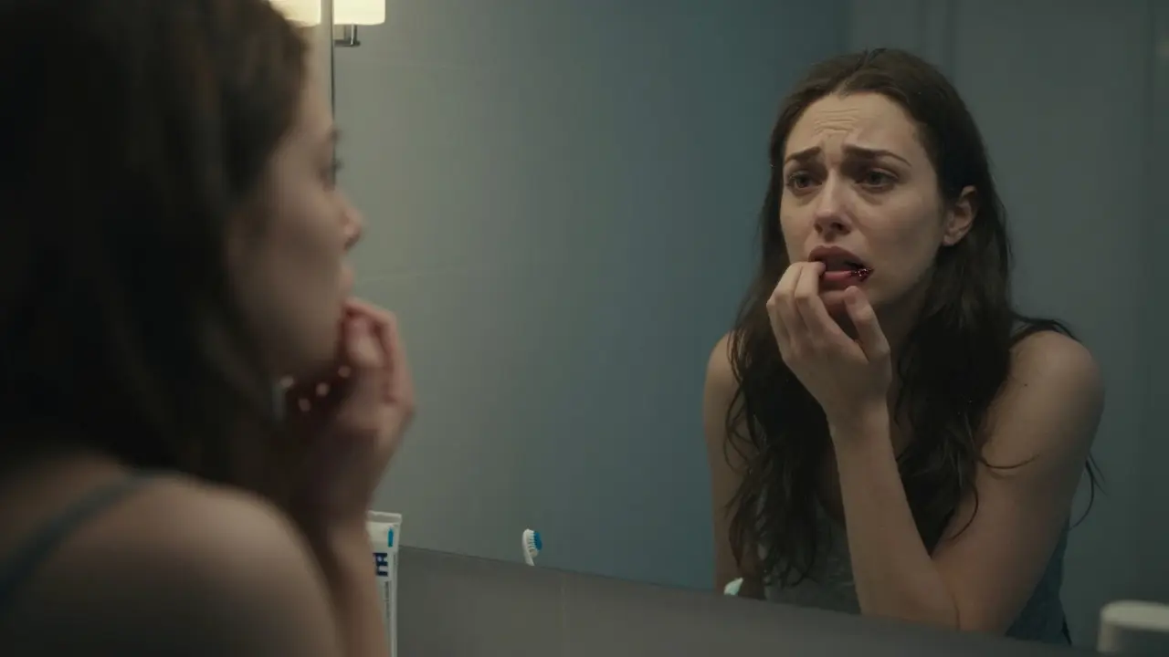 Osoba se dívá pryč z odrážky ve zrcadle, skryje ústa rukou.