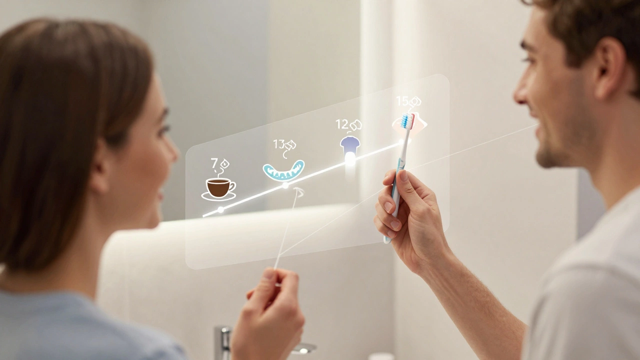 Pacient čistí zuby s přehledem životnosti plomby v pozadí.