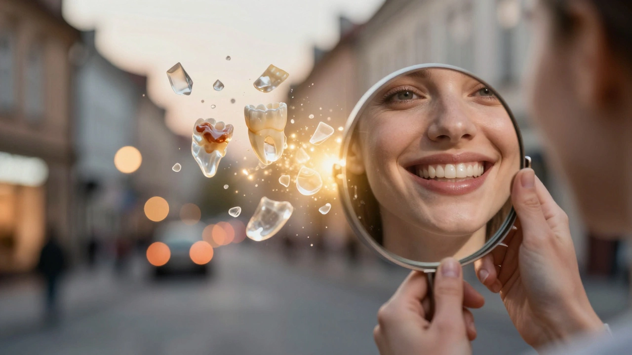 Person smiling in mirror as old discolored teeth fade into golden light behind them.