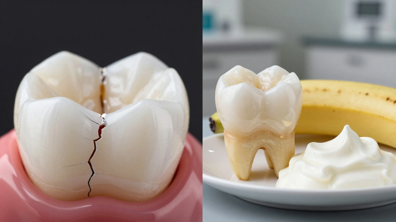 Porovnání poškozené a správně zpevněné plomby s měkkými potravinami na pozadí.