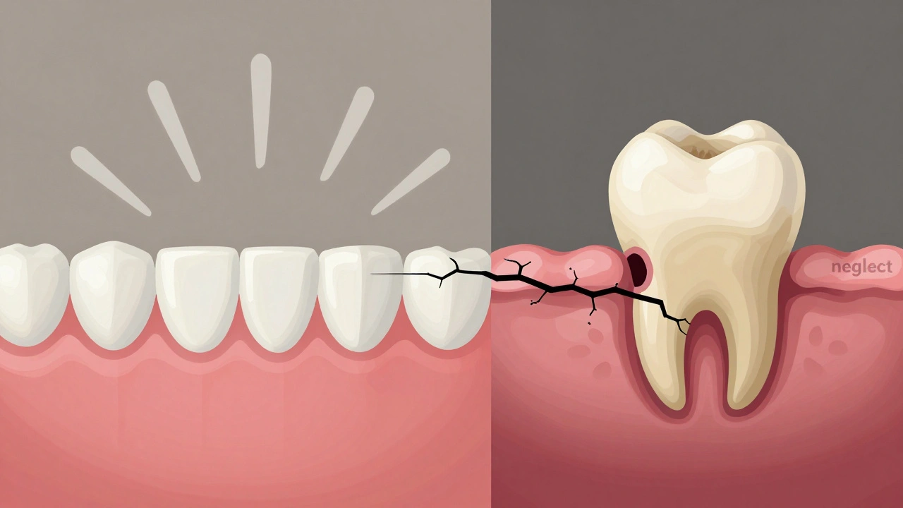 Porovnání zdravých a poškozených dásní kvůli neodstraněnému kamenu