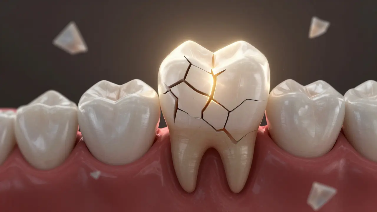Poškozený zub se přeměňuje v zdravý skrze kompozitní obnovu.