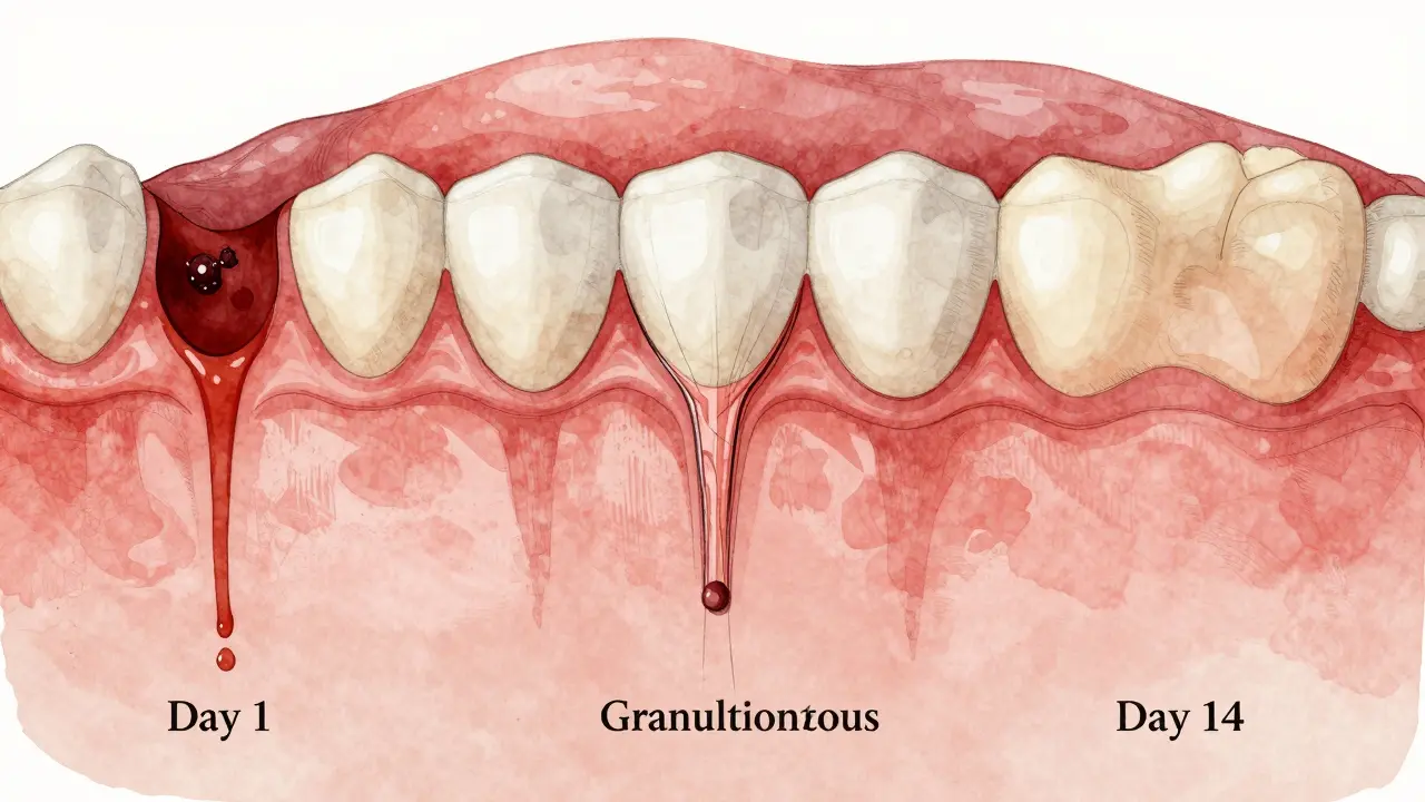 Postupné hojení dásně od krevní sraženiny po uzavřenou tkáň.