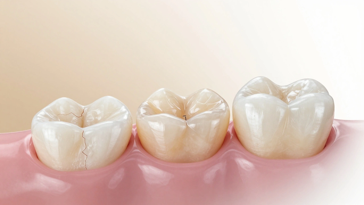 Přechod bílé plomby na keramický onlay jako symbol dlouhodobého řešení.