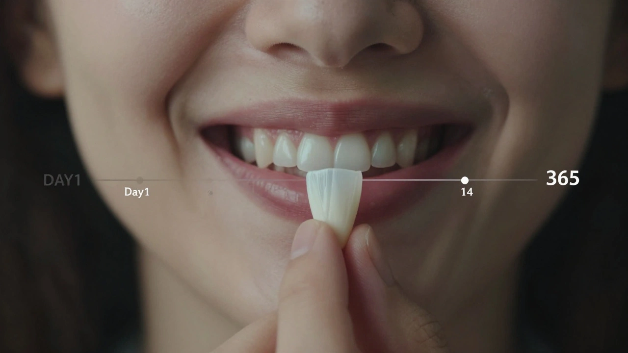 Přechod od nejistoty ke smíchu s fazetami na zubech, znázorněný v jednom obrázku.