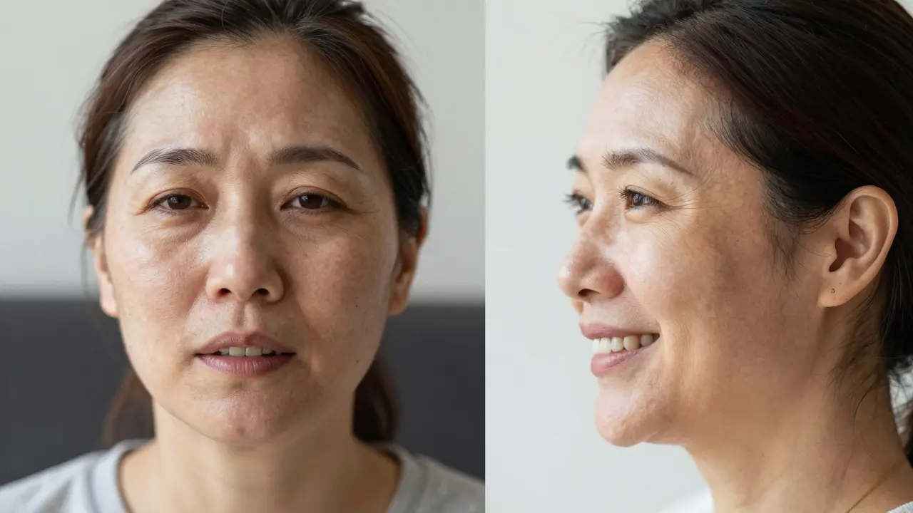 Před a po operaci: asymetrie obličeje vs. vyvážený profil po léčbě.