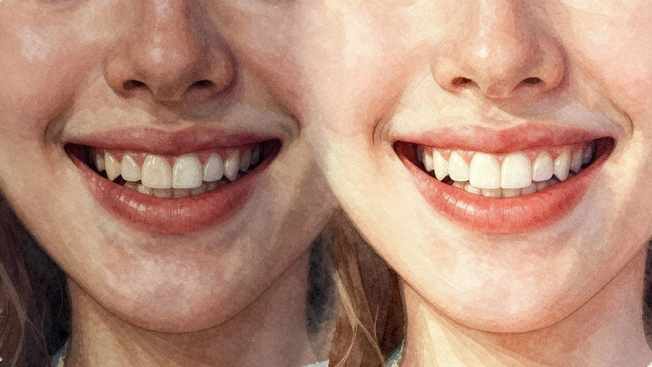 Před a po: špatný úsměv přeměněný na zářivý pomocí veneerů.